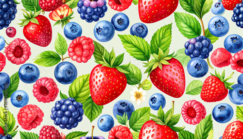 A detailed, colorful image showcasing a variety of fresh, ripe berries, including strawberries and blueberries.