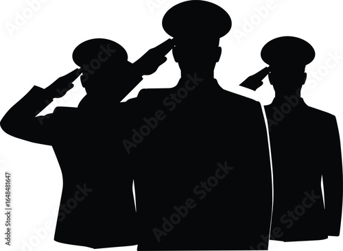 Group of three black silhouette military soldiers, officers, or police saluting with respect and honor on a clean white background, showcasing patriotism