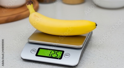 Precise nutrition: A ripe banana being accurately weighed on a digital kitchen scale