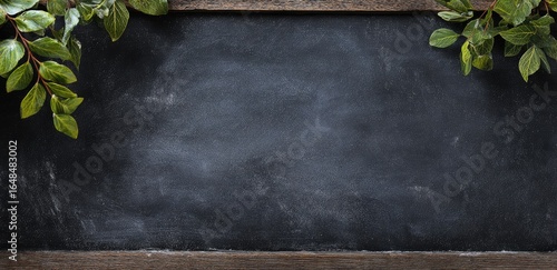 Empty aged chalkboard with fresh greenery