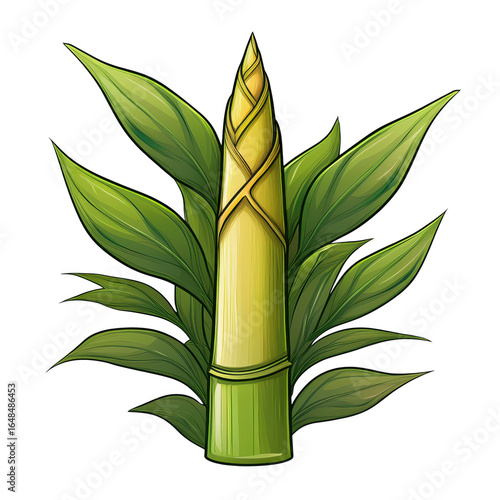 Detailed Illustration of Fresh Green Bamboo Shoot Surrounded by Vibrant Leaves with Rich Colors and Textures for Natural Design