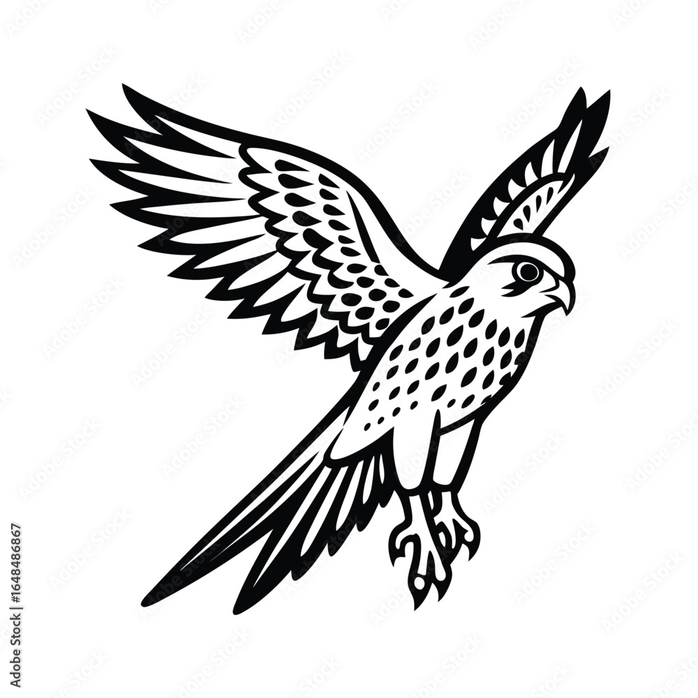 Fototapeta premium Clean and symmetrical line art depicting a kestrel in mid hover with precise detail
