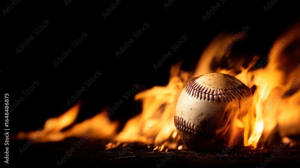 A burning baseball in the foreground with a bright yellow-orange firework illuminating the dark background, A burning baseball in the foreground with a bright yellow-orange firework illuminating the dark background,