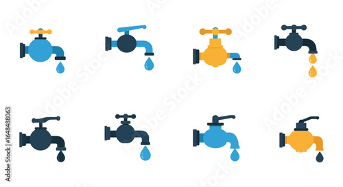 Collection of colorful water tap icons with dripping water drop vector