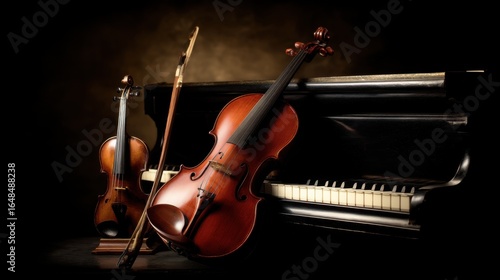 A grand piano stands elegantly with two violins placed nearby,