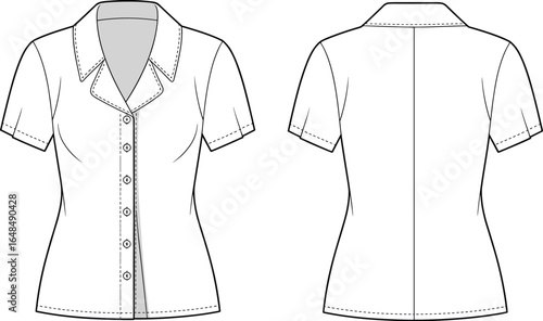Women’s short sleeve button-down shirt with collar, fitted waist, front placket, vector CAD flat technical fashion illustration drawing