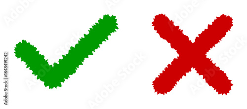 Green check mark and red cross mark grunge approval and rejection vector symbol 