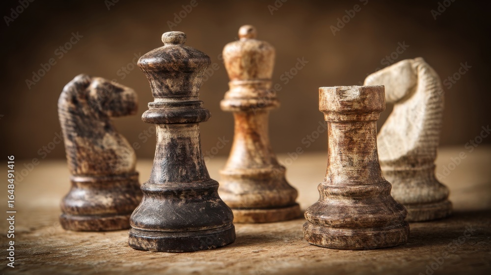 Fototapeta premium A set of chess pieces in the foreground with wooden surfaces and varying shades of brown, strategic game, classic board,
