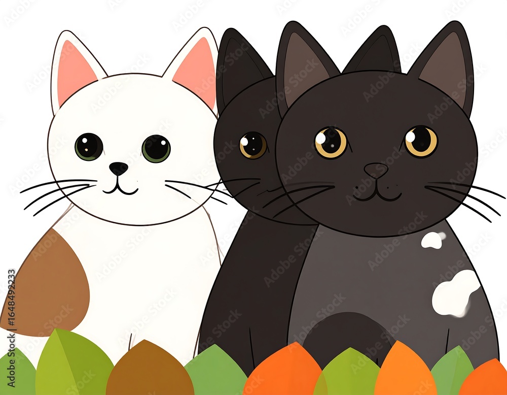 Obraz premium Two cute cats, one white with spots, one black, in autumn leaves