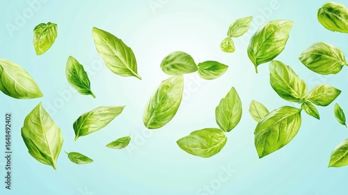 Wallpaper Mural A visually striking freeze motion photo of fresh basil leaves flying in the air, balanced composition with ample copy space for text, advertising background Torontodigital.ca