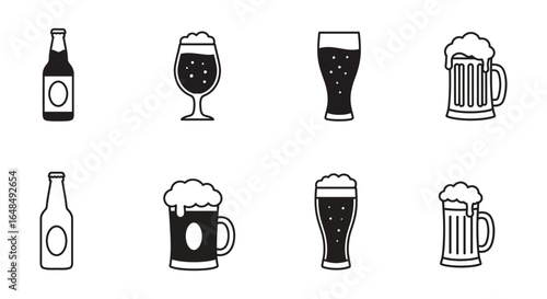 Beer Glassware Collection Black and White Vector Icons for Brewery or Pub
