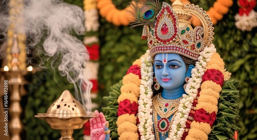 Wallpaper Mural Statue of Hindu god Lord Krishna with diya lamp and flowers. Hindu Puja. Festival Vishu celebration. Template with copy space for holiday Ugadi, Gudi Padwa, Diwali or Krishna ... See More Torontodigital.ca