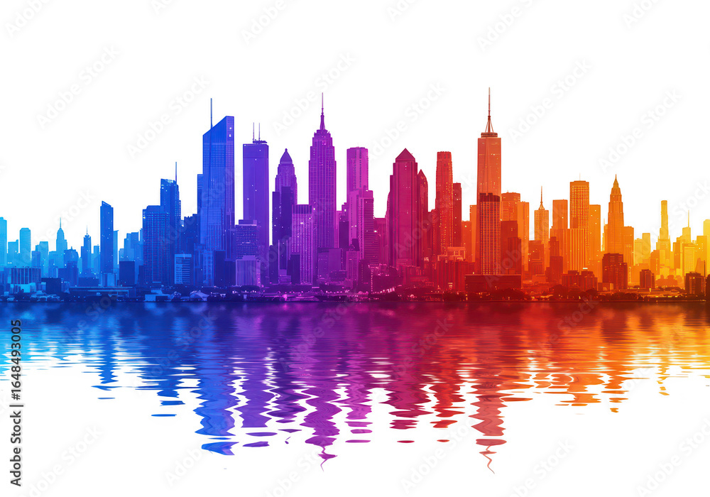 Naklejka premium Vibrant and colorful cityscape skyline with modern skyscrapers and buildings reflecting in the water, isolated on transparent background