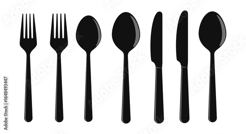 Elegant Black Cutlery Set Forks Spoons and Knives on White Background