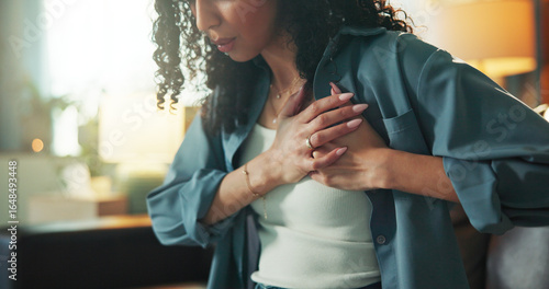 Tableau sur toile Heart attack, emergency and fear with woman on sofa for chest pain, angina and medical crisis