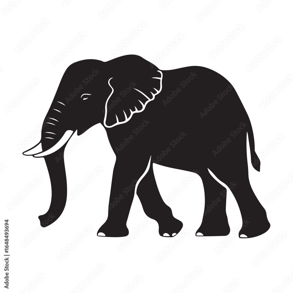 Obraz premium Black silhouette of an African elephant with tusks in side view vector illustration
