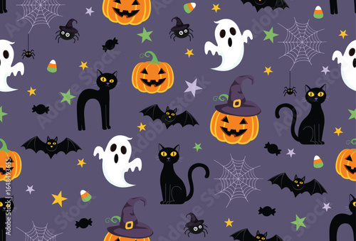 Vector spooky halloween night pattern black cats, pumpkins, ghosts, bats, spiders, candy corn, and colorful stars on purple background