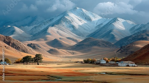 Picturesque mountains and hills under golden horizon with blue sky, grassy meadows creating idyllic landscape, serene and tranquil nature scene, high-resolution photography ideal for wall art