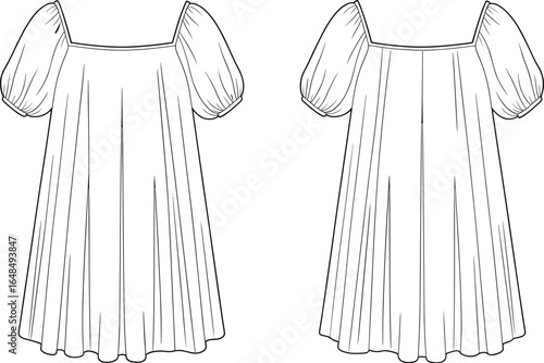 Women’s puff sleeve flowy dress flat technical drawing, square neckline, gathered short sleeves, loose fit, pleated skirt, CAD vector illustration