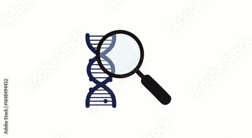 A black magnifying glass analyzing a blue DNA double helix, a flat vector icon for genetic research and scientific discovery.