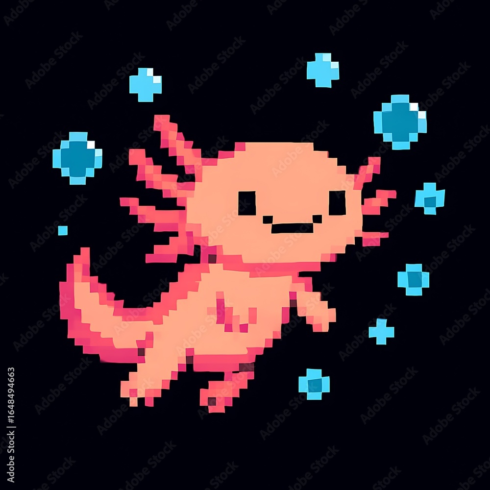Fototapeta premium Pixel Art Cute Pink Dragon with Blue Bubbles on Dark Background