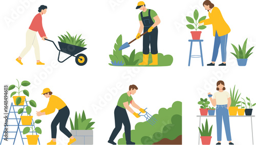 Flat vector illustration, people gardening, planting flowers, watering plants, pruning bushes, wheelbarrow use, outdoor horticulture, garden maintenance, plant care, landscaping activities