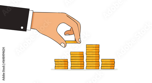 A businessman's hand in a black suit carefully stacking gold coins into a growing bar chart.