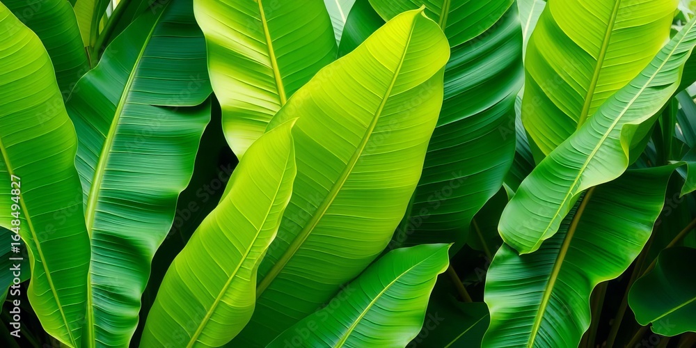 Obraz premium Large vibrant green banana leaves, tropical foliage, flora, unfurling
