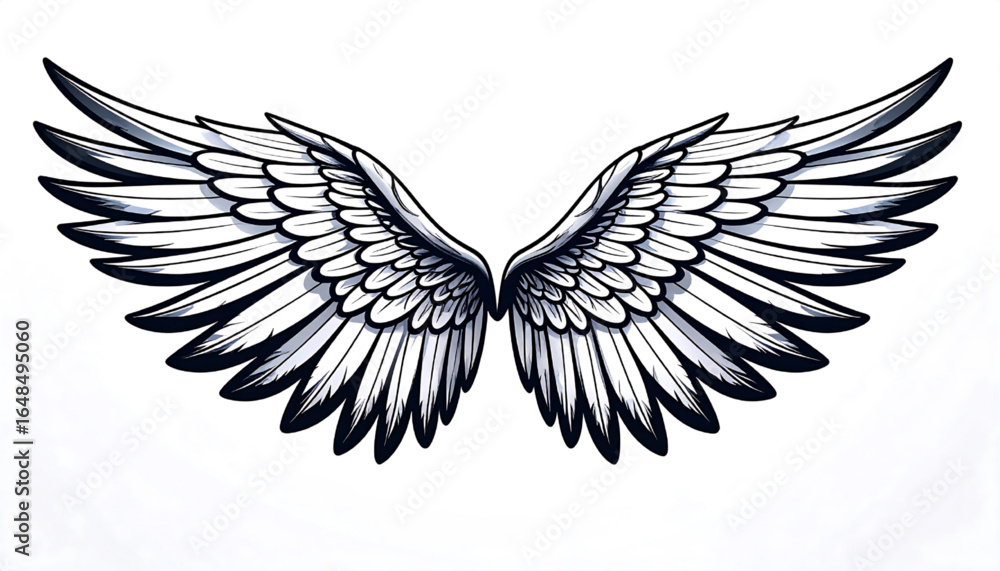 Fototapeta premium Detailed grayscale illustration of a pair of large, feathered angel wings.