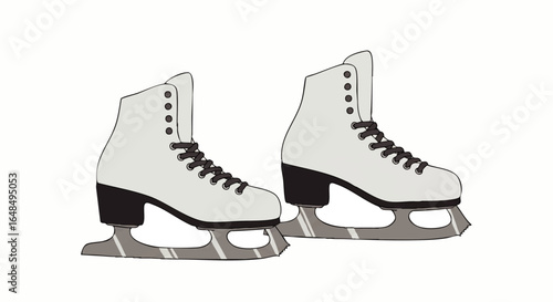 A classic pair of light gray figure ice skates with black laces and serrated blades.
