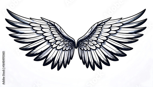 Detailed grayscale illustration of a pair of large, feathered angel wings.