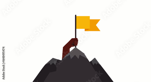 A dark-skinned hand plants a yellow flag on a mountain summit, a flat vector illustration of success and achievement.