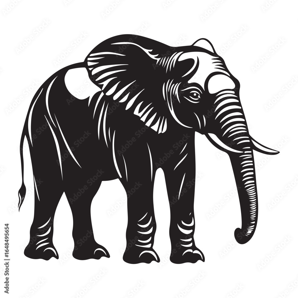 Obraz premium Black silhouette of an African elephant with tusks in side view vector illustration