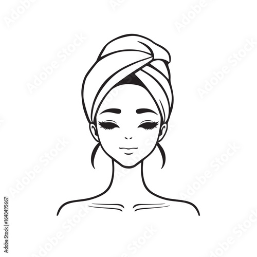 Spa day girl with towel on head vector design black and white illustration.