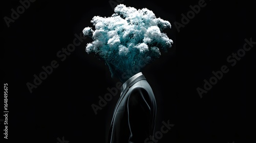 Abstract figure in profile with a teal cloud-like form emanating from the head.
