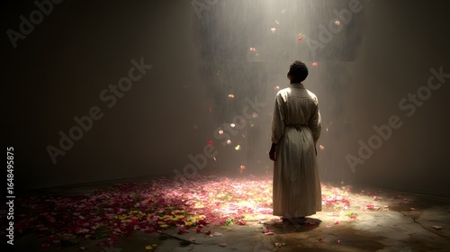 Person standing amidst a shower of flower petals.