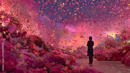 A vibrant floral display with petals falling like rain.