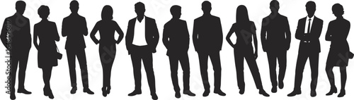 Silhouette of diverse business people, professional team, corporate group, standing together, teamwork, leadership, collaboration, success, formal attire, office environmen