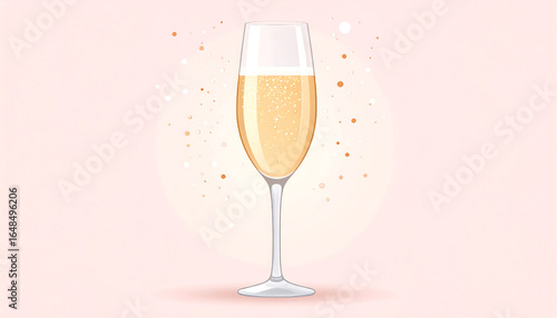 Champagne flute with sparkling drink on a pink background with glittery accents.