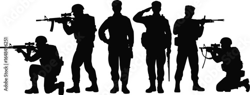Soldier silhouette with rifles in action poses, military team vector illustration, army combat design for defense, war, security, and tactical operations