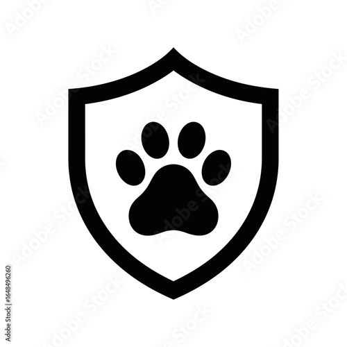 A black and white graphic of a paw print inside of a shield on a white background illustration