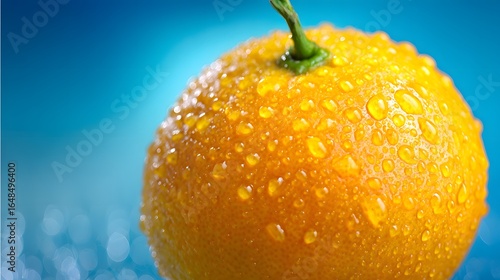 Close-up view of a citrus fruit covered in water droplets.