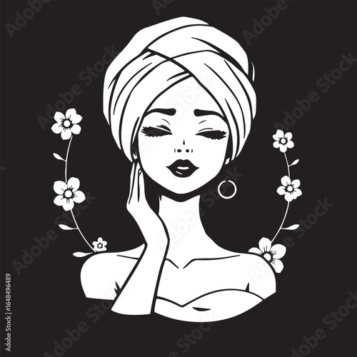 Spa day girl with towel on head vector design black and white illustration.