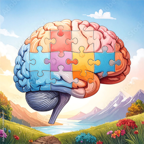 A colorful illustration depicting a human brain composed of puzzle pieces, set against a scenic landscape.