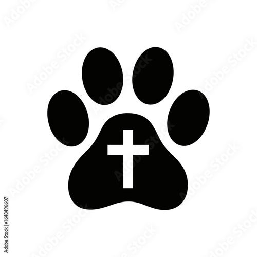 A black paw print with a white christian cross in the center on a white background graphic design