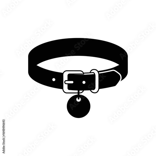 A black and white graphic illustration of a pet collar with a tag hanging from the buckle area