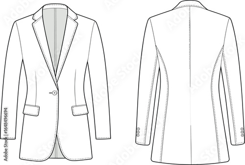 Men's tailored blazer flat technical drawing, single button closure, notch lapel collar, flap pockets, detailed stitching, CAD vector fashion illustration