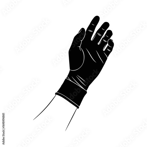 Illustration of a hand wearing a black glove with fingers extended against a white background space