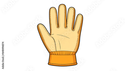 A hand wearing a pale yellow work glove with an orange cuff.