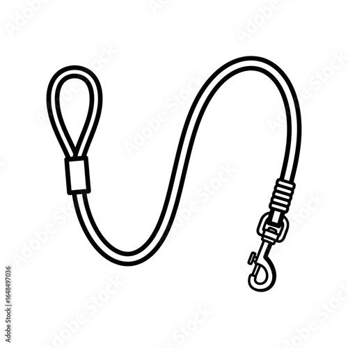 A simple black and white line drawing of a dog leash with a handle and a metal clip on the end